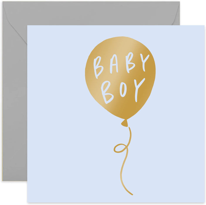 Old English Co. New Baby Boy Balloon Card - Light Blue and Gold Foil Card | Birth Celebration for Parents | Blank Inside & Envelope Included (Baby Boy)