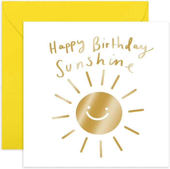 Old English Co. Happy Birthday Sunshine Greeting Card Men Women - Gold Foil Fun Birthday Card for Friends and Family | Blank Inside with Envelope