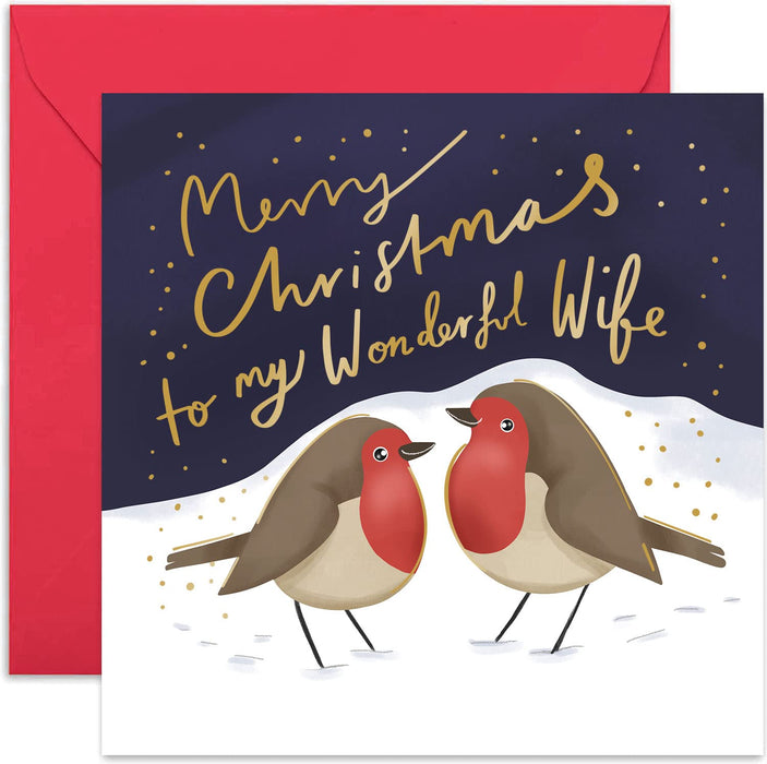 Old English Co. Merry Christmas Wonderful Wife Robin Card - Cute Heartfelt Festive Seaons Greeting Card for Her | Gold Foil Special Card for Other Half | Blank Inside & Envelope Included
