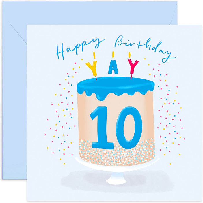 Old English Co. Blue Cake 10th Birthday Card - Boy Tenth Birthday Card | Son, Grandson, Nephew | Blank Inside & Envelope Included