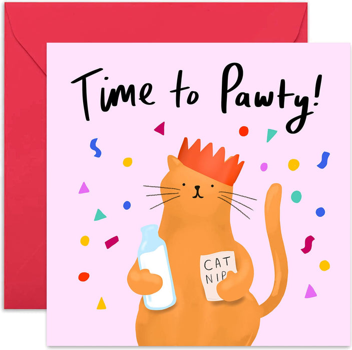Old English Co. Time To Pawty Cat Birthday Card - Cute and Funny Animal Greeting Card for Him or Her | Celebrate, New Job, New House, Graduation | Blank Inside & Envelope Included