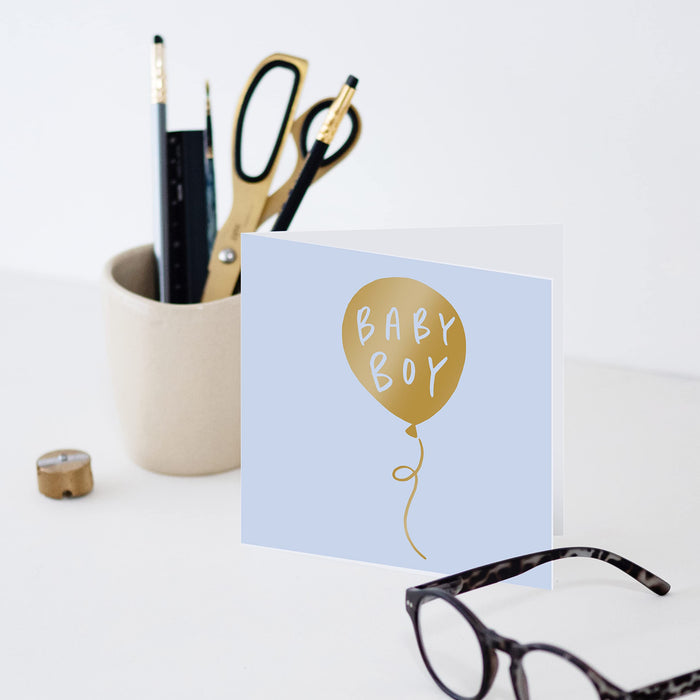 Old English Co. New Baby Boy Balloon Card - Light Blue and Gold Foil Card | Birth Celebration for Parents | Blank Inside & Envelope Included (Baby Boy)