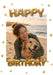 Gold Balloon Photo Birthday Card with a sample photo: gold balloon Happy Birthday lettering around your photo