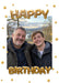 Dimensional gold balloon-style birthday lettering and scattered gold dots frame a large portrait photo on white.