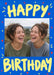 Bright yellow brush-style lettering, red hearts and scattered confetti surround a rectangular photo frame on cobalt blue.