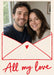 A red outlined envelope wraps around the lower edge of a photo frame on cream, with a red heart and flowing script-style lettering.