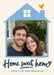 A pale blue house-shaped photo frame sits on cream, with a little roof window, an ochre heart above the chimney and navy script lettering.