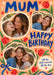 Mum Little Moments Photo Birthday Card with three family photos, blue MUM and Happy Birthday lettering and red tulips on peach