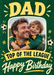 Footballs and yellow stars surround a portrait photo on deep green, with oversized cream serif lettering and a ribbon banner.