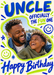 Blue and lime-green smiley faces, stars and confetti surround a wavy photo frame on cream, with bold blue brush lettering.