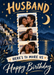 Three photo frames sit on a painted-style blue coastal scene with an ochre crescent moon and stars, leafy corners and flowing brush and script lettering.