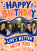 A blue wavy three-photo strip and ribbon banners sit on peach beneath colourful brush lettering, with scattered rectangular confetti.