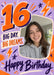 An oversized orange number sixteen, lightning bolts and purple stars surround a rounded photo frame on lilac, with bold brush wording and purple script.