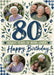 Four rounded photos surround a large blue eighty on cream, with leafy green sprigs, tiny flowers and hearts, gingham corners and navy birthday script.