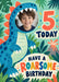 A friendly teal dinosaur forms a face photo frame among lush green leaves and a little volcano, with an orange five and bold hand-lettered wording.