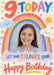 A colourful rainbow arches over a portrait photo on cream, surrounded by smiling clouds, sunshine and stars, with a coral nine and multicoloured brush lettering.