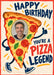 A cartoon pizza slice with pepperoni, green leaves, arms and trainers forms a face photo frame on cream, with bold navy and red pun lettering.