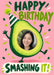 A dancing green avocado wearing a striped party hat forms a face photo frame on pink, surrounded by green confetti and bold brush lettering.