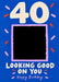 Looking Good 40 photo birthday card: blue card with cream 40 and LOOKING GOOD ON YOU lettering around an empty lilac-framed photo space