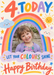 A colourful rainbow arches over a portrait photo on cream, surrounded by smiling clouds, sunshine and stars, with a coral four and multicoloured brush lettering.