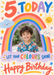 A colourful rainbow arches over a portrait photo on cream, surrounded by smiling clouds, sunshine and stars, with a coral five and multicoloured brush lettering.