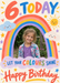 A colourful rainbow arches over a portrait photo on cream, surrounded by smiling clouds, sunshine and stars, with a coral six and multicoloured brush lettering.