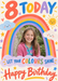 A colourful rainbow arches over a portrait photo on cream, surrounded by smiling clouds, sunshine and stars, with a coral eight and multicoloured brush lettering.