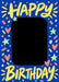 Confetti Club photo birthday card: yellow HAPPY BIRTHDAY lettering and confetti on royal blue around an empty photo space