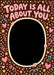 Sprinkle Season photo birthday card: pink TODAY IS ALL ABOUT YOU lettering and sprinkles on chocolate brown around an empty oval photo space