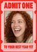 A red ticket-shaped border surrounds a large rectangular photo on pink, with dotted divider lines and oversized condensed red lettering.