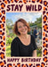 Orange and plum leopard spots form a bold border around a rectangular photo on peach, with chunky plum hand lettering.