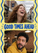 Two stacked photo frames sit on bright yellow between blue wavy borders, separated by tall blue hand-lettered wording.