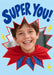 A red-outlined comic starburst forms a photo opening on sky blue, with yellow lightning bolts and oversized blue superhero lettering.