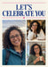 Three photos form an asymmetric grid on cream beneath navy serif celebration wording, with fine pink rules and a small pink star accent.
