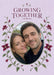 Burgundy climbing flowers and fine green leaves form a botanical frame around an oval photo on lilac, beneath elegant burgundy serif wording.