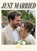 A large rectangular photo sits beneath bold black italic serif wedding wording on cream, with a small yellow ribbon bow below.