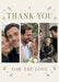 Three tall photos form a strip on cream, with delicate olive-green leafy sprigs, tiny coral hearts and elegant green serif thank-you wording.