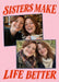 Two overlapping tilted photo frames sit on pink between oversized red italic serif wording, with fine navy photo borders.