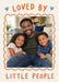 An orange scalloped border surrounds a portrait photo on cream, with small blue hearts and relaxed orange hand lettering above and below.