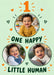Three circular photos sit on mint green among orange and dark green hearts, beneath a large orange one and playful first-birthday hand lettering.