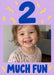 An oversized blue two sits above a rectangular photo on lilac, with bright yellow zigzags and chunky blue second-birthday wording below.