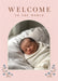 A cream-edged arched photo sits on pale pink with delicate blue floral sprigs at its base, beneath spaced warm brown serif welcome wording.