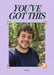 Orange corner brackets frame a portrait photo on lilac beneath dark green italic serif encouragement wording, with three small green dots below.