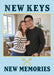 A yellow-edged rectangular photo sits on pale blue above crossed yellow keys, between bold dark teal slab-serif new-home wording.
