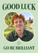 A cream-edged four-leaf-clover photo opening sits on pale green, with a tiny outlined clover and dark green serif good-luck wording.