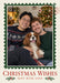 A dark green postage-stamp border surrounds a portrait photo on cream, with a red postmark, festive leafy sprigs and red serif Christmas wording.