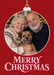 A cream-outlined hanging Christmas bauble forms a circular photo frame on red, above large pink decorative serif lettering.