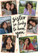 Cream card reading ‘Sister so lucky to have you’, with six angled photos, pink and dark teal borders and peach heart doodles and black handwritten lettering.