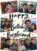 Cream card reading ‘Happy Birthday Boyfriend’, with six angled photos with coral and teal frames and heart doodles and black handwritten lettering.