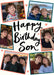 Cream card reading ‘Happy Birthday Son’, with six angled photos with coral and teal frames and heart doodles and black handwritten lettering.